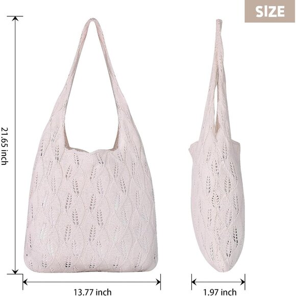 Women's Beige 3 Crochet Bag Cute Mesh Summer Knitted Shoulder Beach Tote Bags - Picture 2 of 6